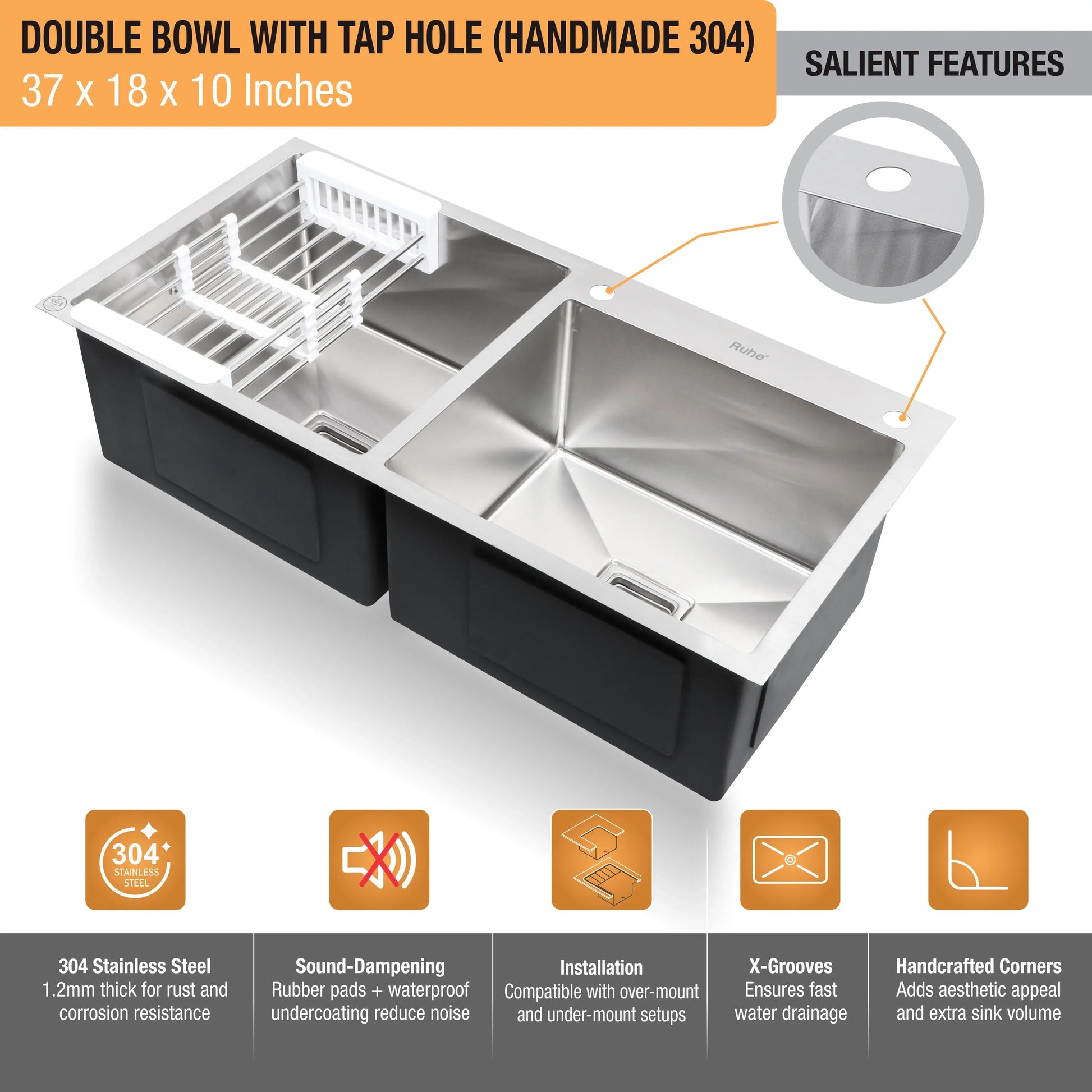 Handmade Double Bowl with Tap Hole Kitchen Sink (37 x 18 x 10 Inches) (Features)