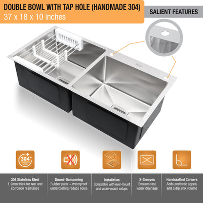 Handmade Double Bowl with Tap Hole Kitchen Sink (37 x 18 x 10 Inches) (Features)