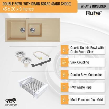 Quartz Double Bowl with Drainboard Kitchen Sink (45 x 20 x 9 inches)