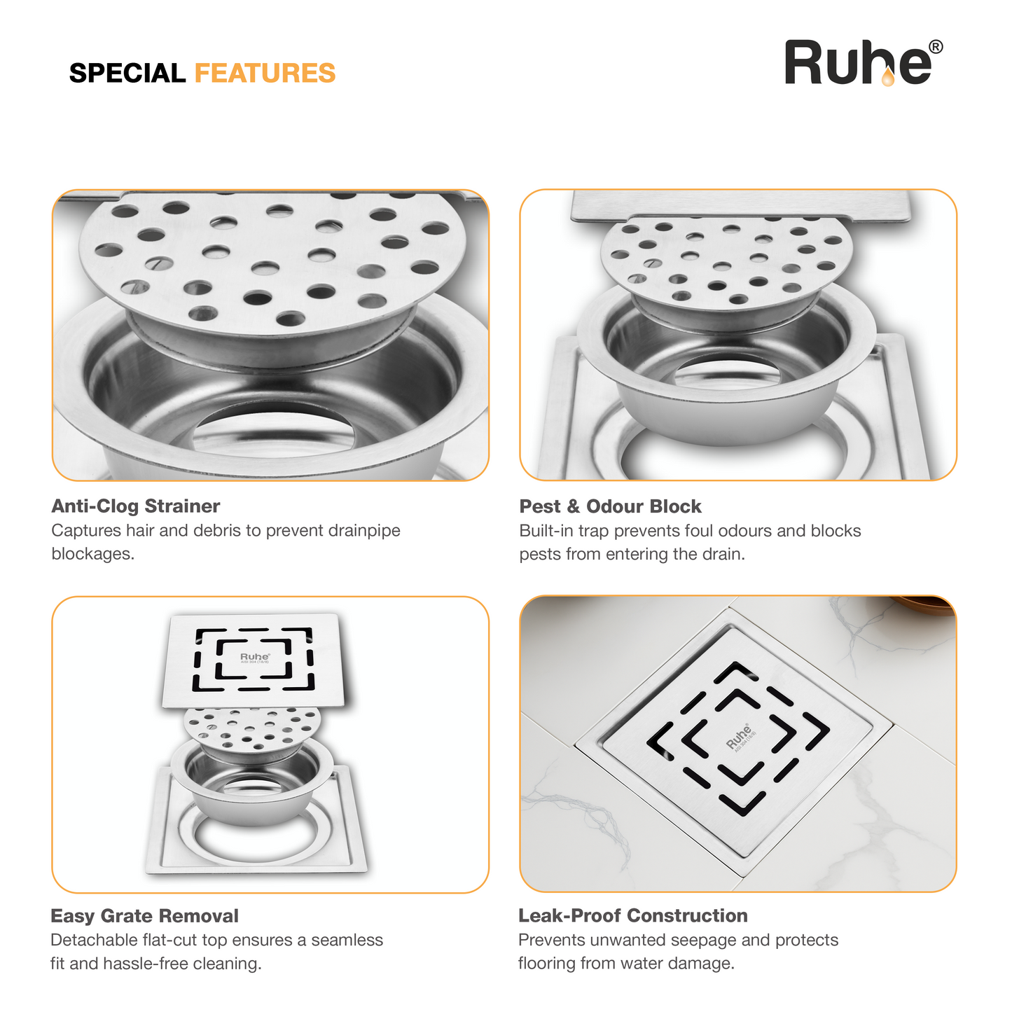 Sapphire Square Flat Cut Floor Drain