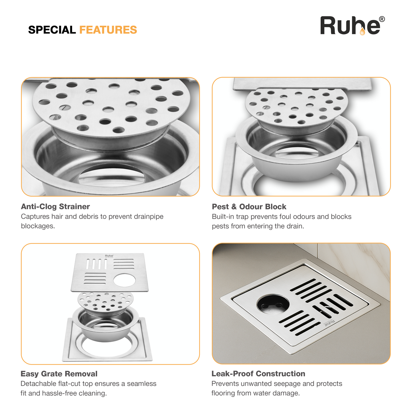 Ruby Square Flat Cut Floor Drain