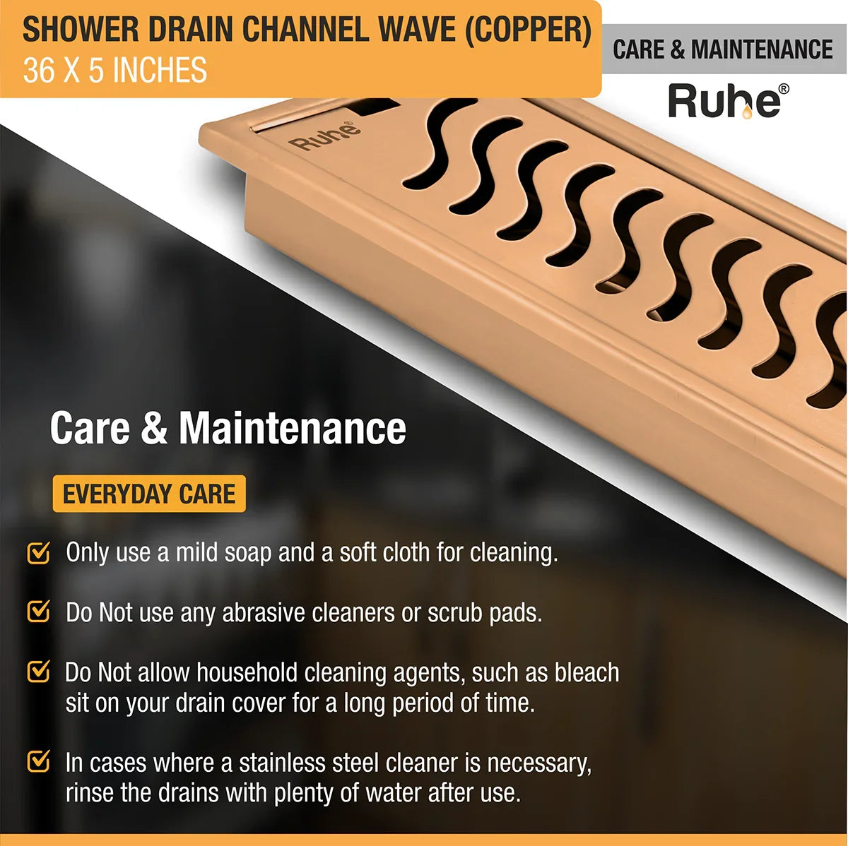 Wave Shower Drain Channel (36 x 5 Inches) Antique Copper PVD Coated - by Ruhe