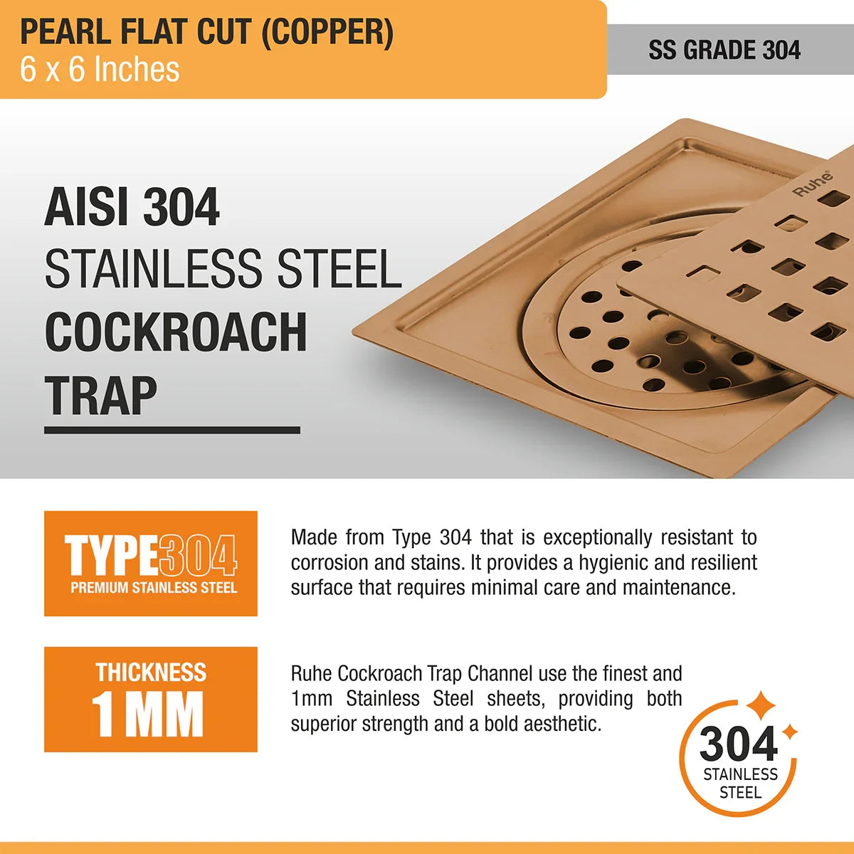 Pearl Square Flat Cut Floor Drain in Antique Copper PVD Coating (6 x 6 Inches) stainless steel