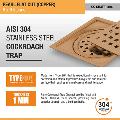 Pearl Square Flat Cut Floor Drain in Antique Copper PVD Coating (6 x 6 Inches) stainless steel