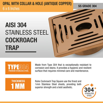 Opal Square Flat Cut Floor Drain in Antique Copper PVD Coating (6 x 6 Inches) with Hole - by Ruhe