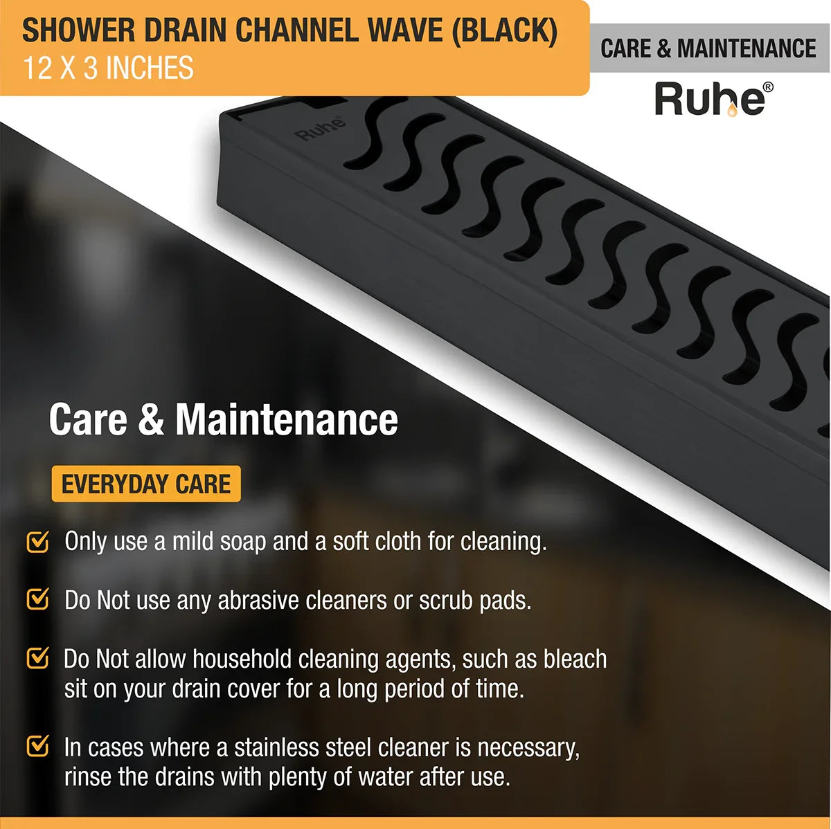 Wave Shower Drain Channel (12 x 3 Inches) Black PVD Coated care and maintenance