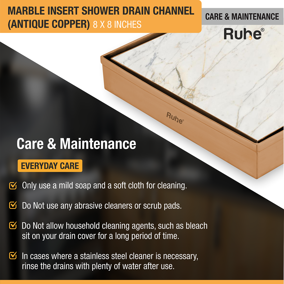 Marble-Insert Shower Drain Channel (8 x 8 Inches)
