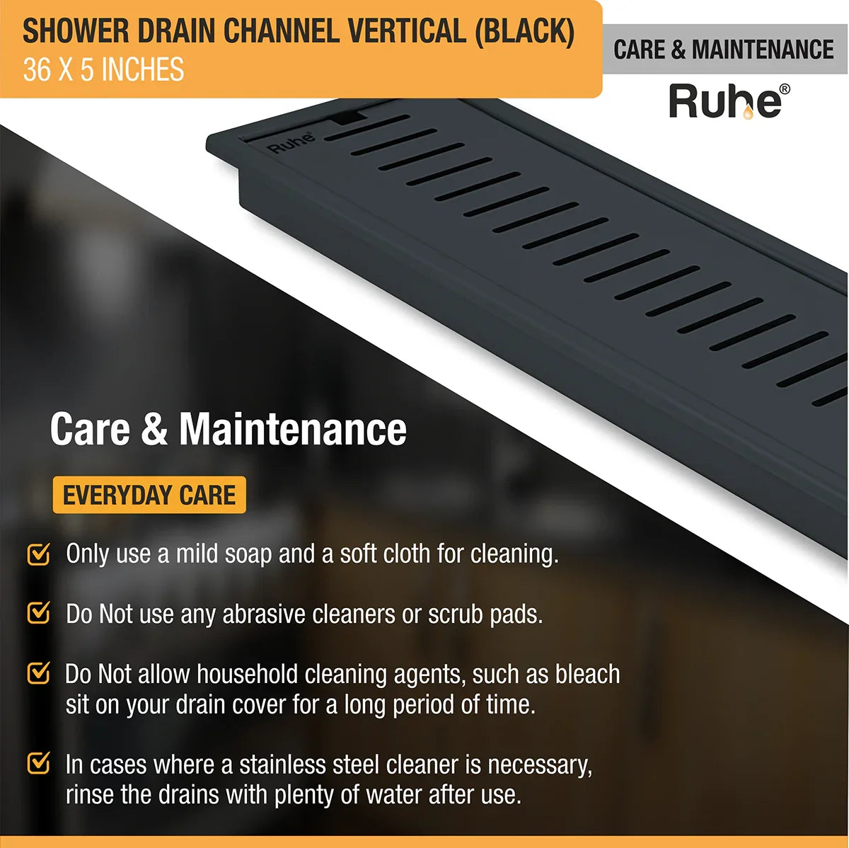 Vertical Shower Drain Channel (36 x 5 Inches) Black PVD Coated care and maintenance