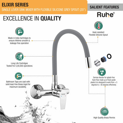 Elixir Single Lever Wall-mount Kitchen Sink Mixer Tap with Coloured Silicone Spout