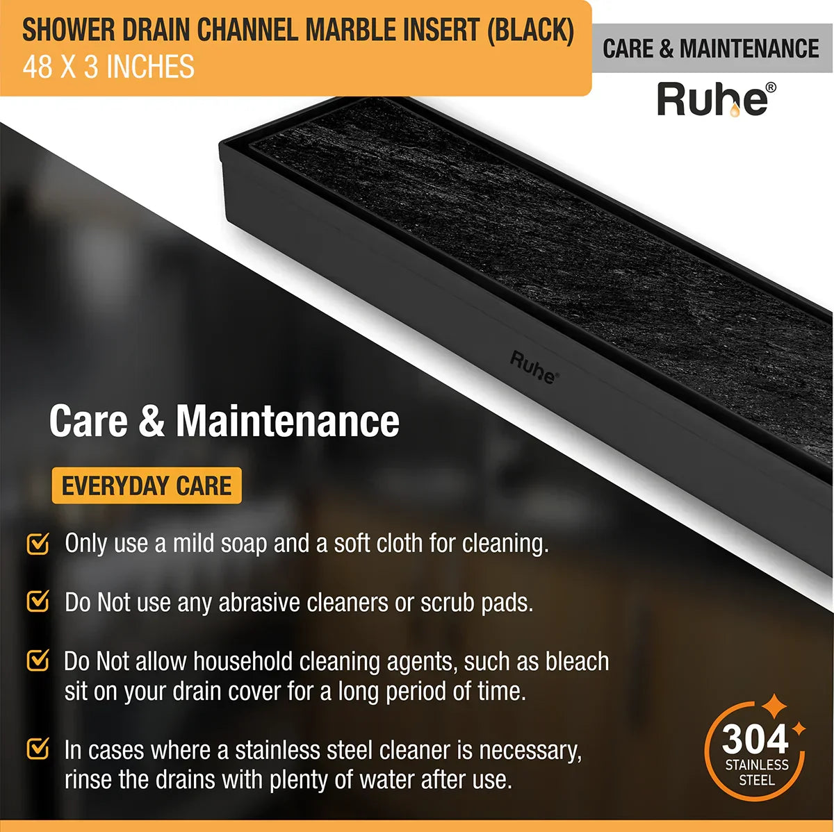 Marble-Insert Shower Drain Channel (3 Inches)