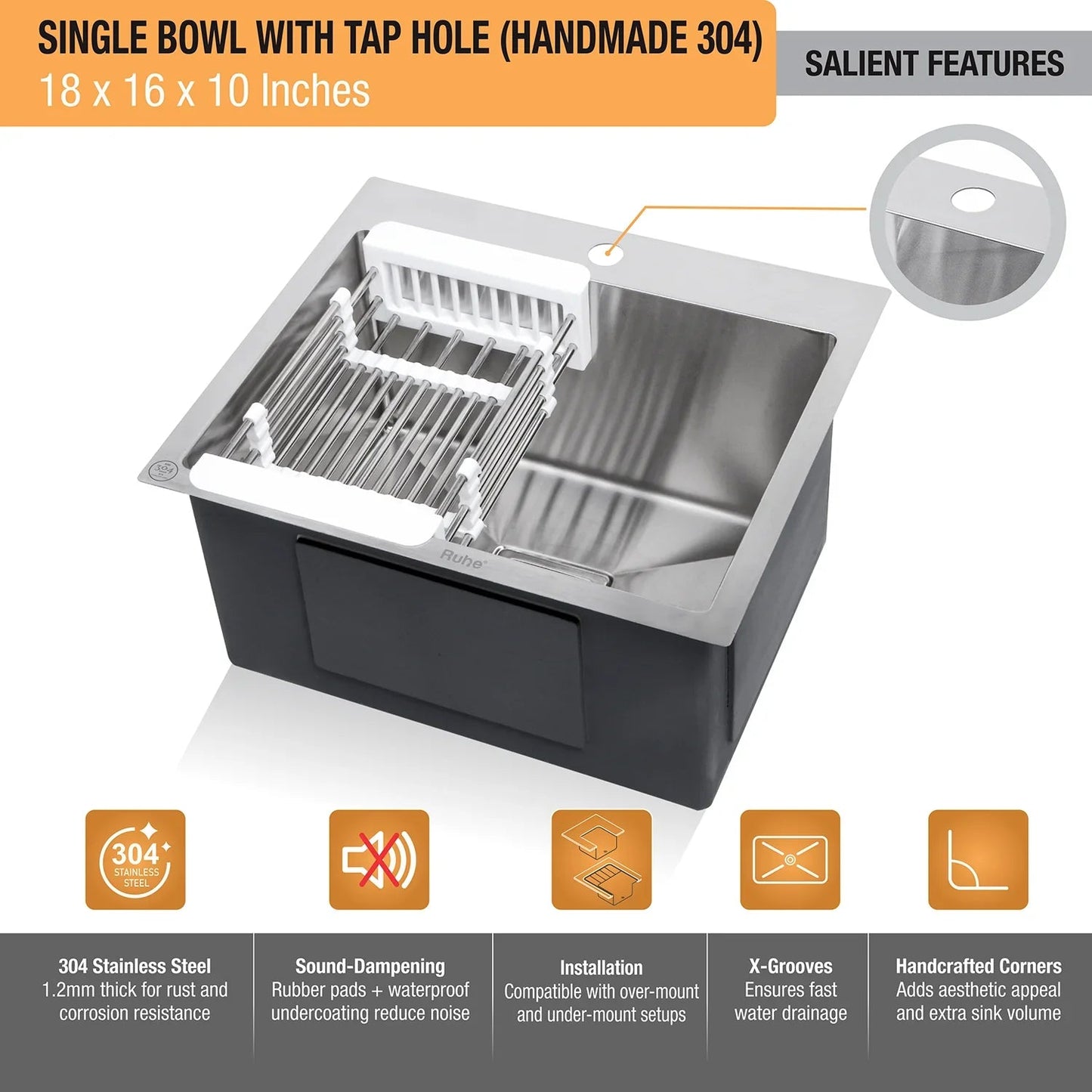 Handmade Single Bowl with Tap Hole Kitchen Sink (18 x 16 x 10 Inches) (Features)