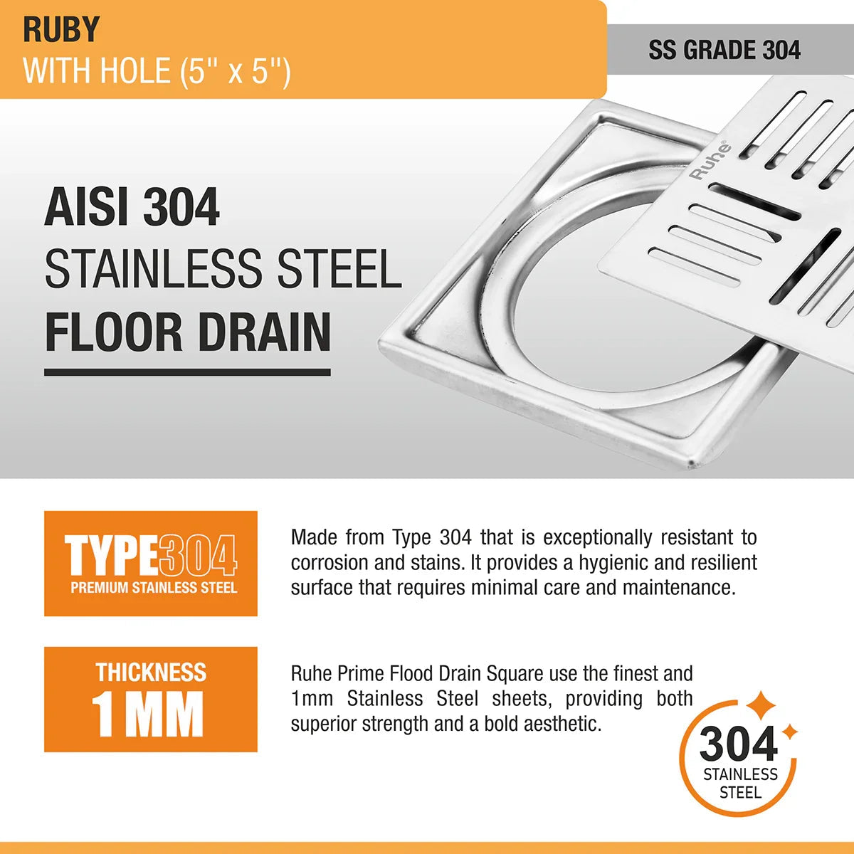 Ruby Square 304 Grade Floor Drain with Hole (5 x 5 Inches) - by Ruhe