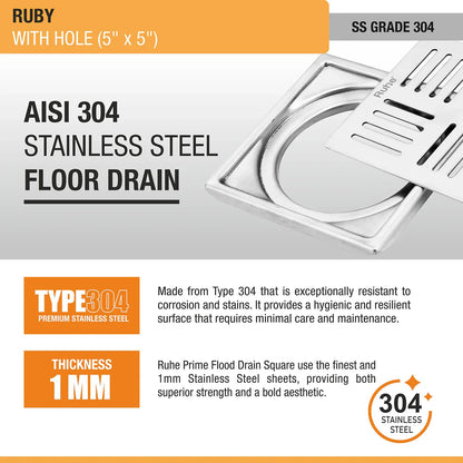 Ruby Square 304 Grade Floor Drain with Hole (5 x 5 Inches) - by Ruhe