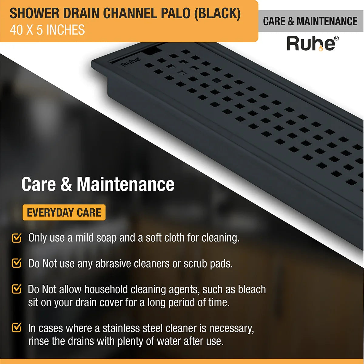 Palo Shower Drain Channel (40 x 5 Inches) Black PVD Coated care and maintenance