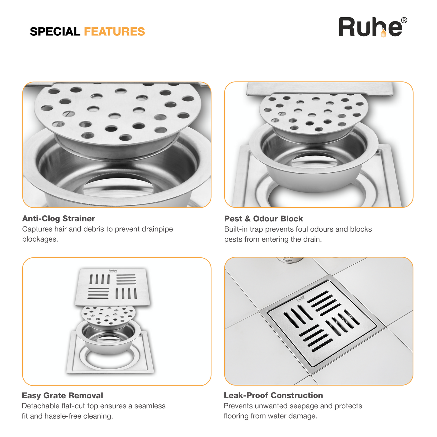 Ruby Square Flat Cut Floor Drain