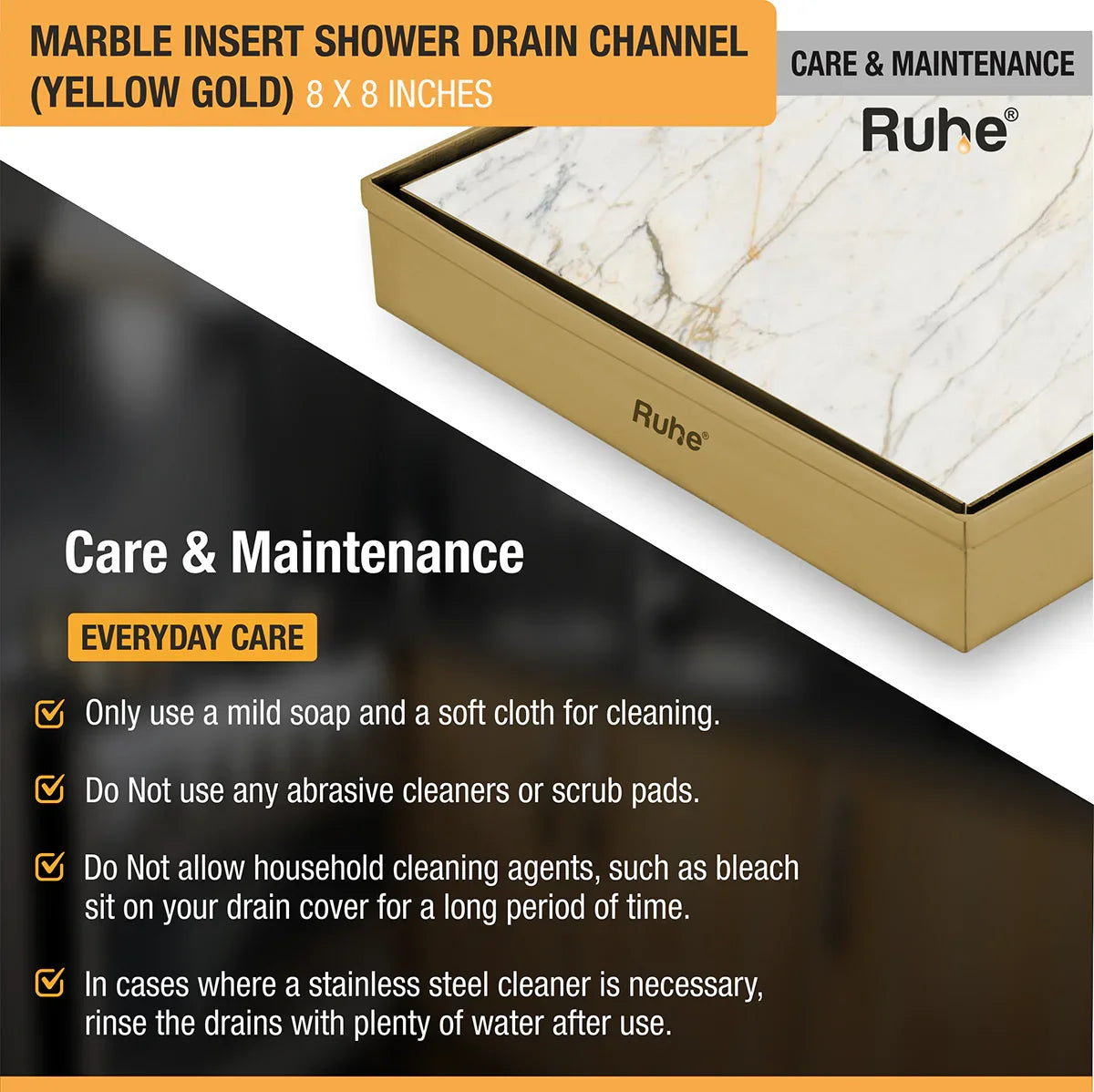 Marble-Insert Shower Drain Channel (8 x 8 Inches)