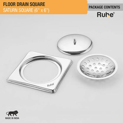 Saturn Square Floor Drain (6 x 6 Inches) with Lid package content