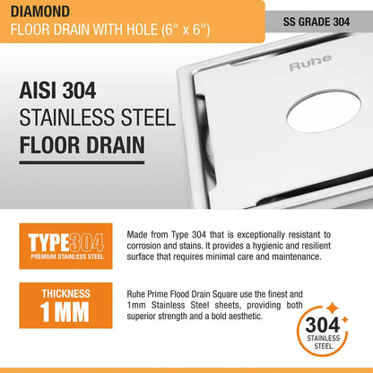 Diamond Square 304-Grade Floor Drain with Hole (6 x 6 Inches) - by Ruhe