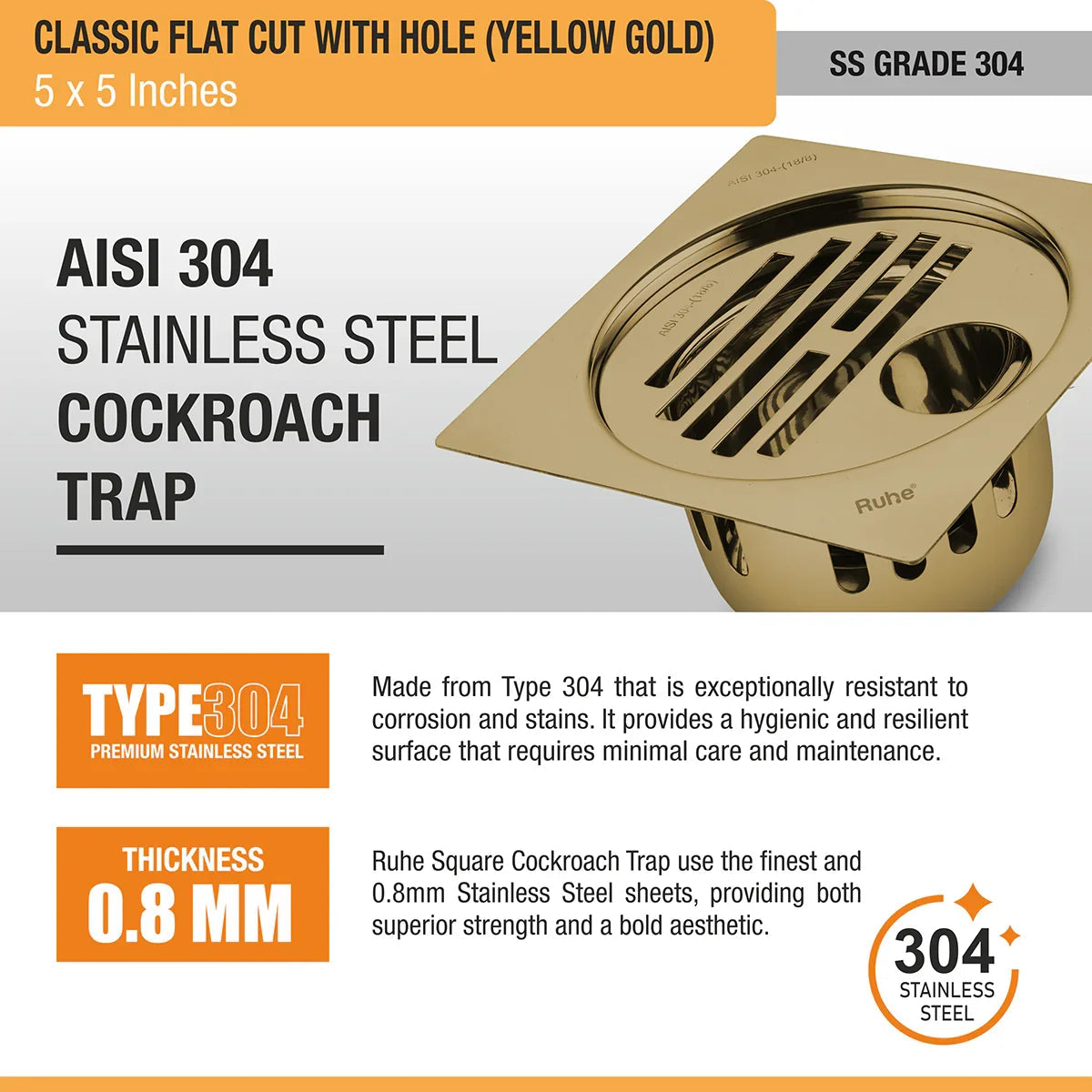 Classic Square Flat Cut Floor Drain in Yellow Gold PVD Coating (5 x 5 Inches) with Hole stainless steel