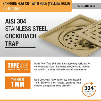 Sapphire Square Flat Cut Floor Drain in Yellow Gold PVD Coating (6 x 6 Inches) with Hole stainless steel