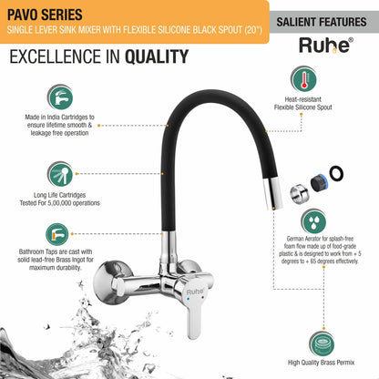 Pavo Single Lever Wall-mount Kitchen Sink Mixer Tap with Coloured Silicone Spout