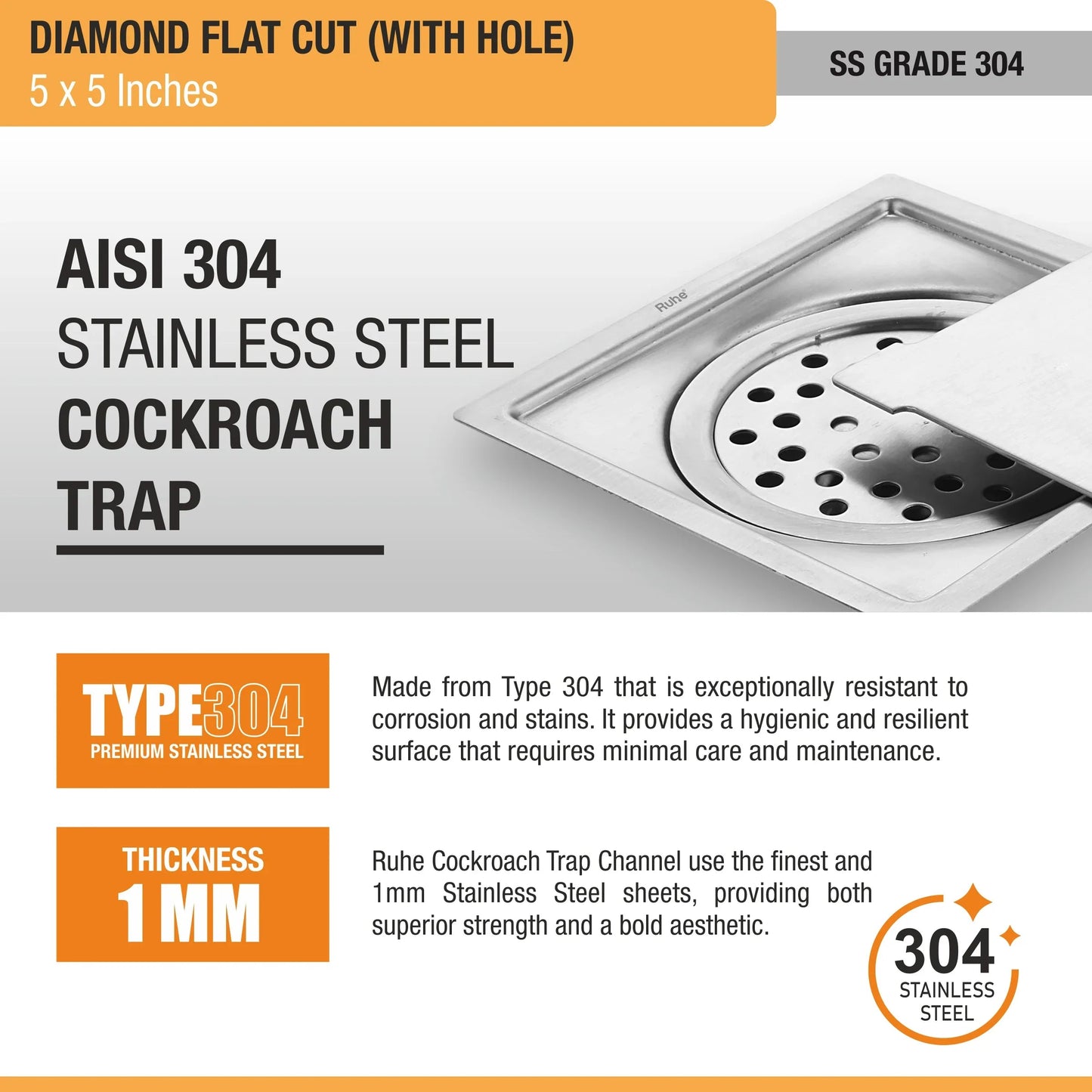 Diamond Floor Drain Square Flat Cut (5 x 5 Inches) with Hole and Cockroach Trap (304 Grade) stainless steel