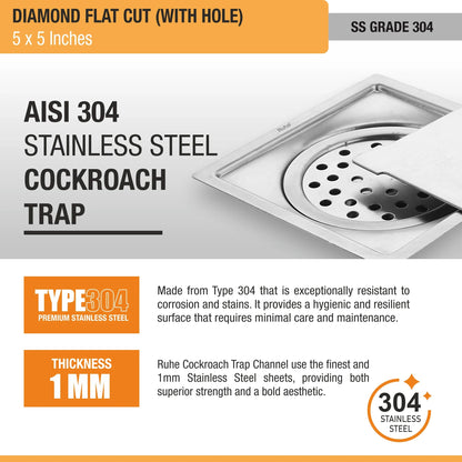 Diamond Floor Drain Square Flat Cut (5 x 5 Inches) with Hole and Cockroach Trap (304 Grade) stainless steel