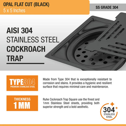 Opal Square Flat Cut Floor Drain in Black PVD Coating (5 x 5 Inches) - by Ruhe