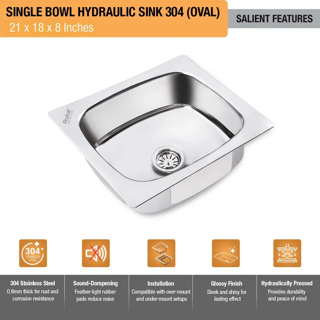 Oval Single Bowl Kitchen Sink (21 x 18 x 8 Inches)(Salient Features)