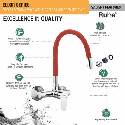 Elixir Single Lever Wall-mount Kitchen Sink Mixer Tap with Red Silicone Spout - by Ruhe