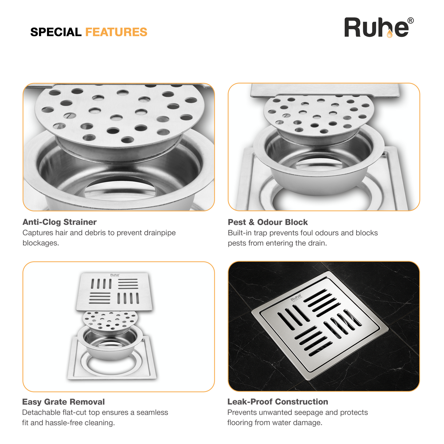 Ruby Square Flat Cut Floor Drain