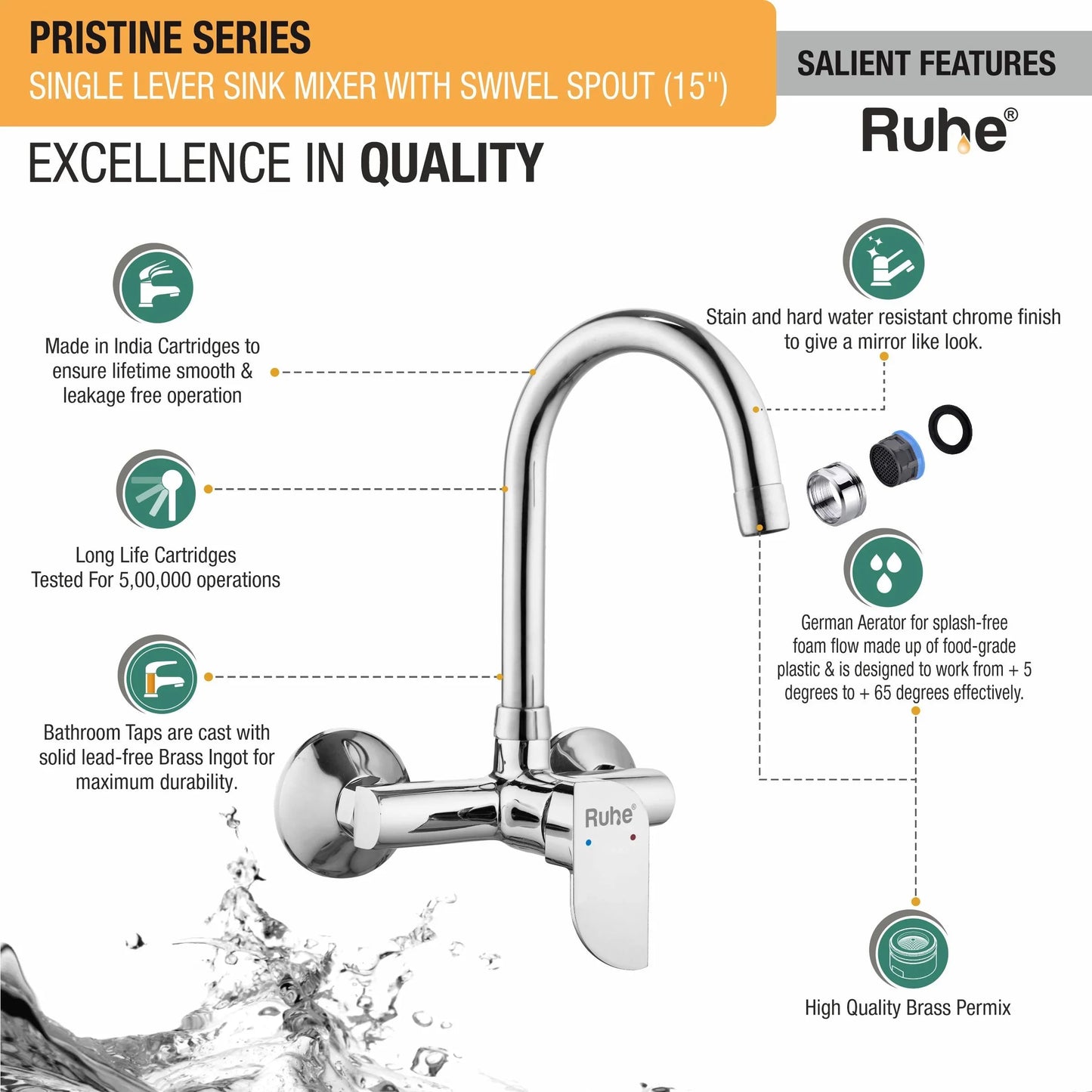 Pristine Single Lever Wall-mount Kitchen Sink Mixer Tap with Medium Swivel Spout (15") - by Ruhe