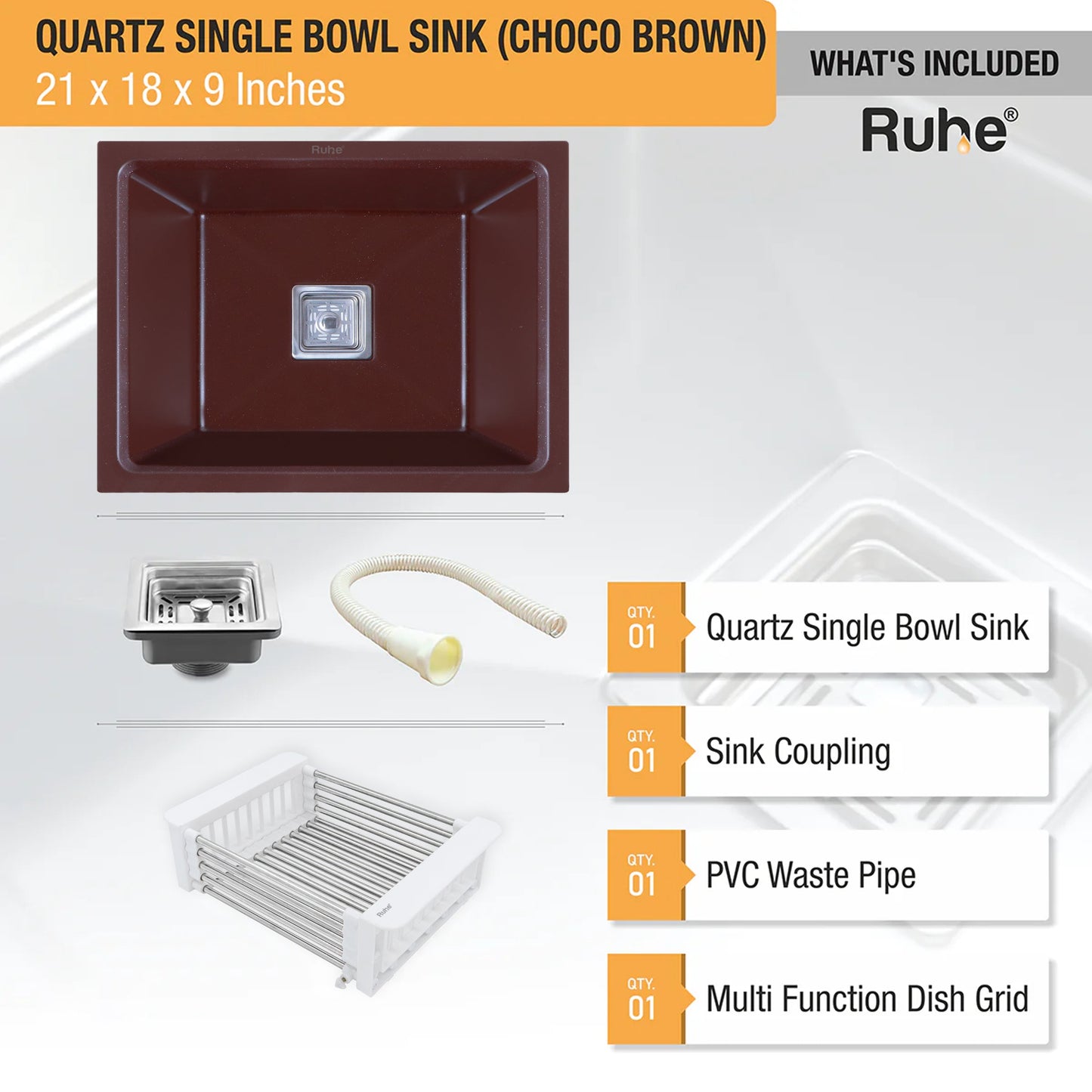 Quartz Single Bowl Kitchen Sink (21 x 18 x 9 Inches)