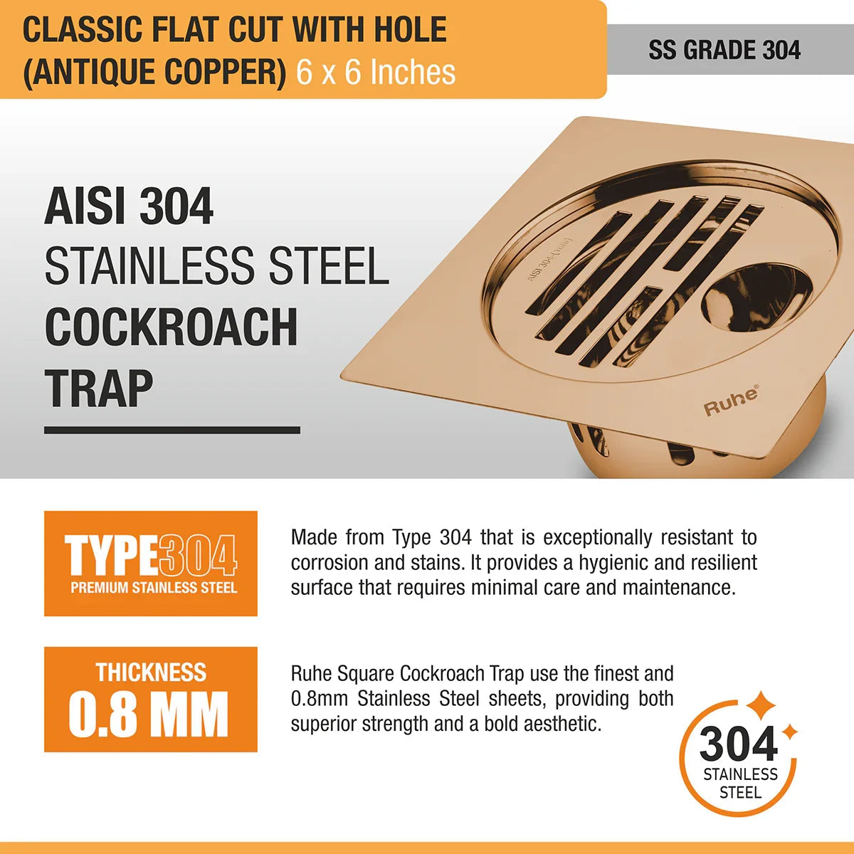 Classic Square Flat Cut Floor Drain in Antique Copper PVD Coating (6 x 6 Inches) with Hole 304 stainless steel