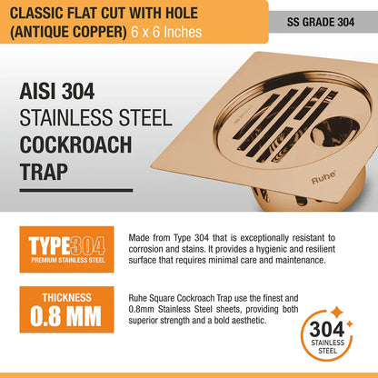 Classic Square Flat Cut Floor Drain in Antique Copper PVD Coating (6 x 6 Inches) with Hole 304 stainless steel