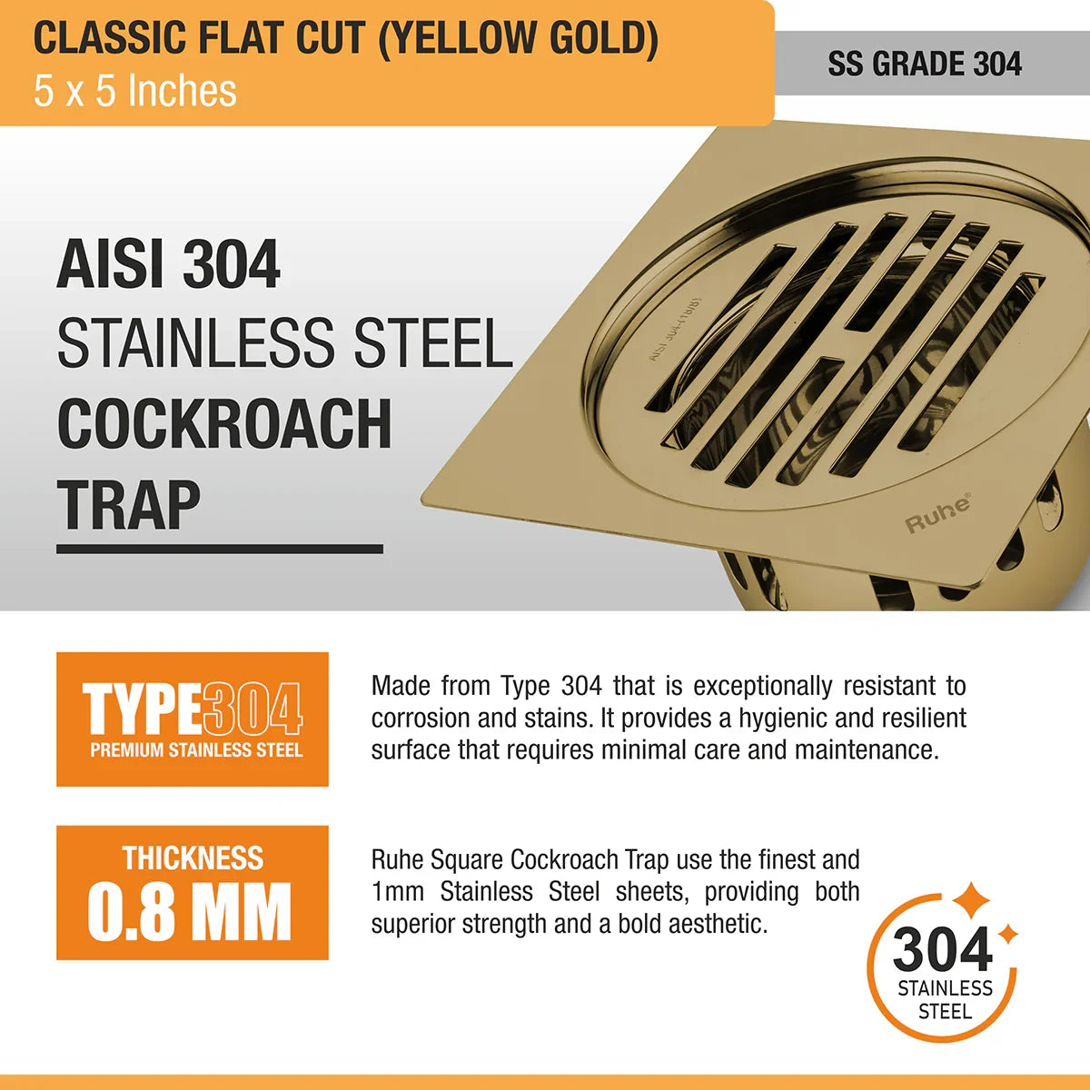 Classic Square Flat Cut Floor Drain in Yellow Gold PVD Coating (5 x 5 Inches) 304 stainless steel