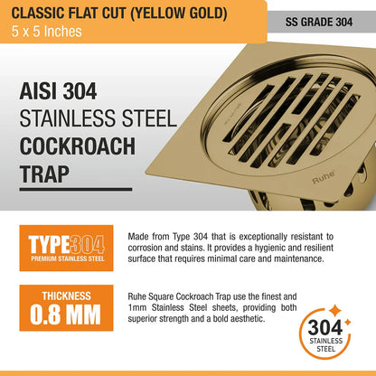 Classic Square Flat Cut Floor Drain in Yellow Gold PVD Coating (5 x 5 Inches) 304 stainless steel