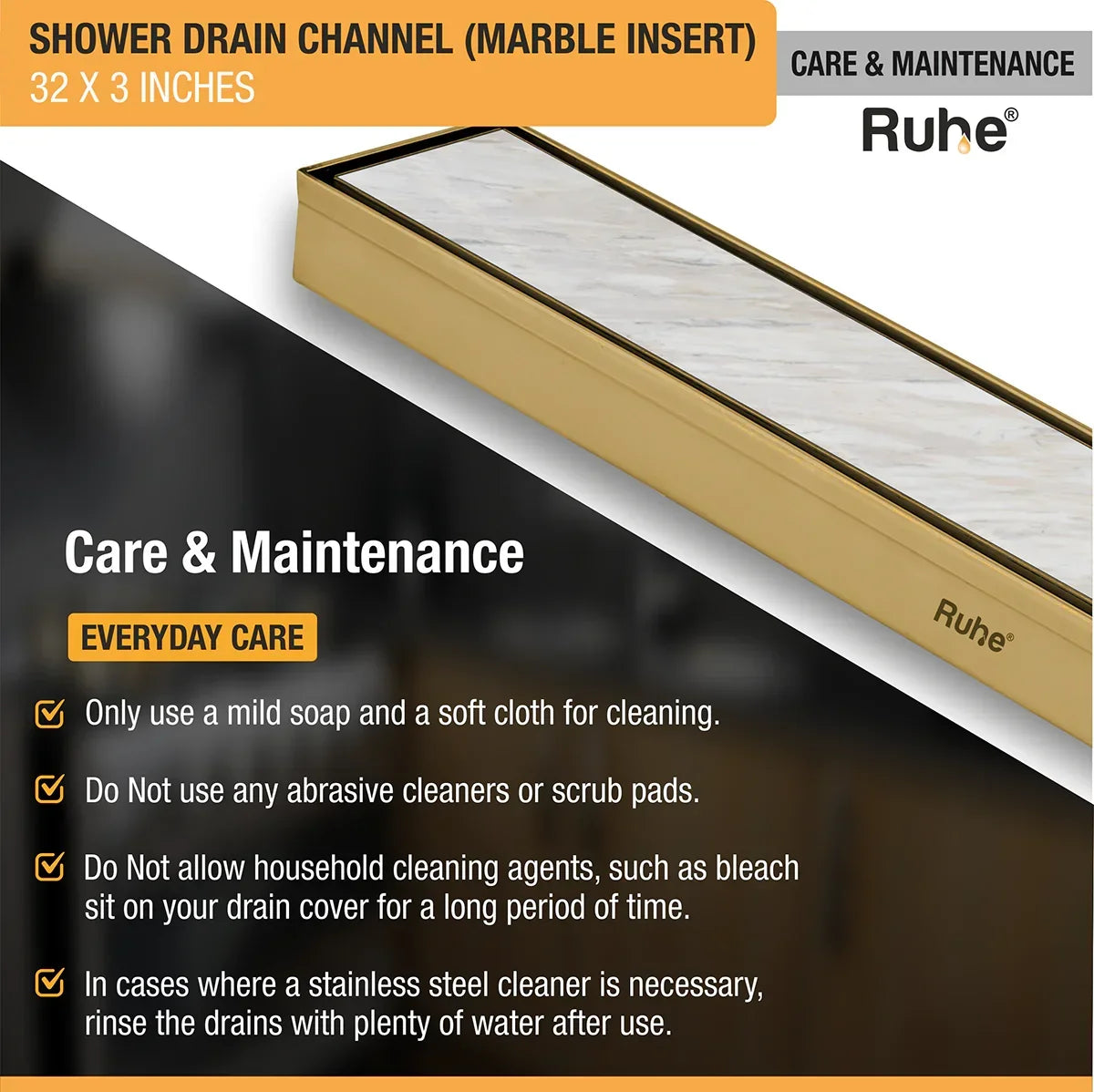 Marble-Insert Shower Drain Channel Yellow Gold (3 Inches)