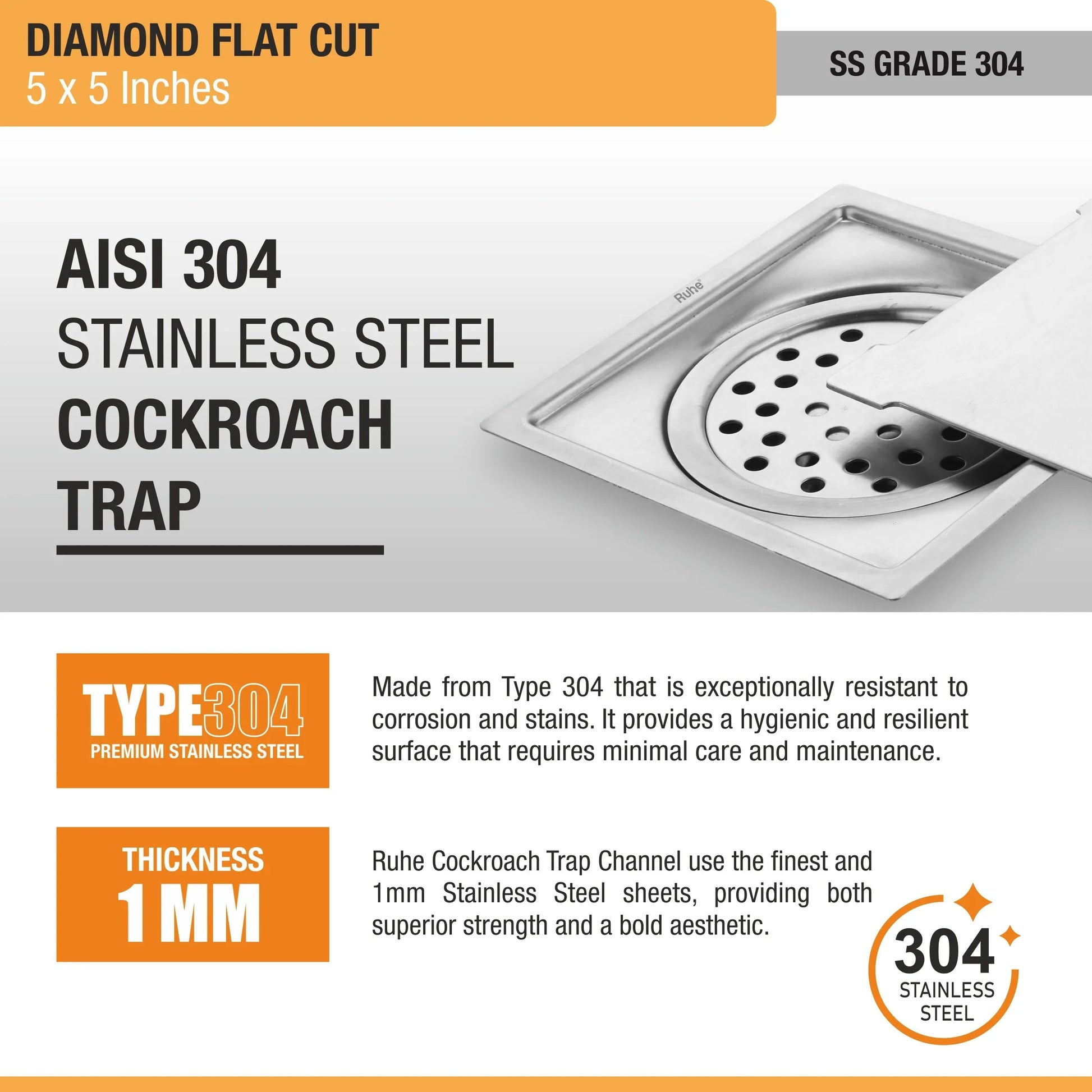 Diamond Floor Drain Square Flat Cut (5 x 5 Inches) with Cockroach Trap (304 Grade) stainless steel