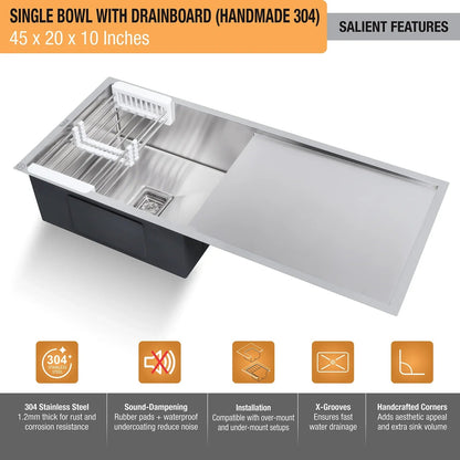 Handmade Single Bowl with Drainboard Kitchen Sink (45 x 20 x 10 Inches) (Features)