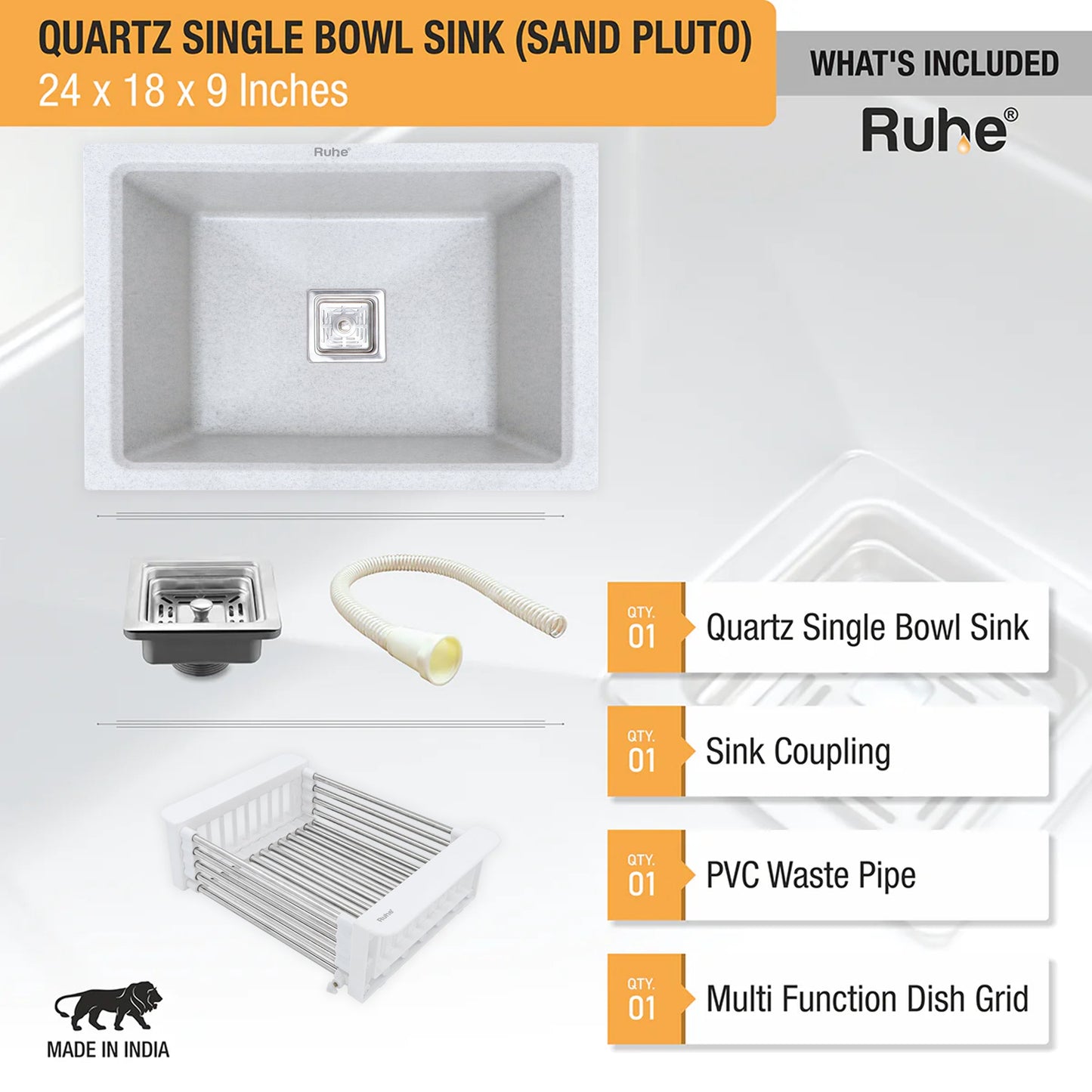 Sand Pluto Quartz Single Bowl Kitchen Sink (24 x 18 x 9 Inches) (What's Included)