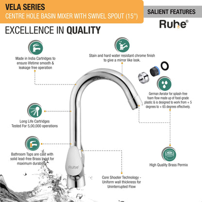 Vela Deck Mount Wash Basin Mixer Tap with Swivel Spout