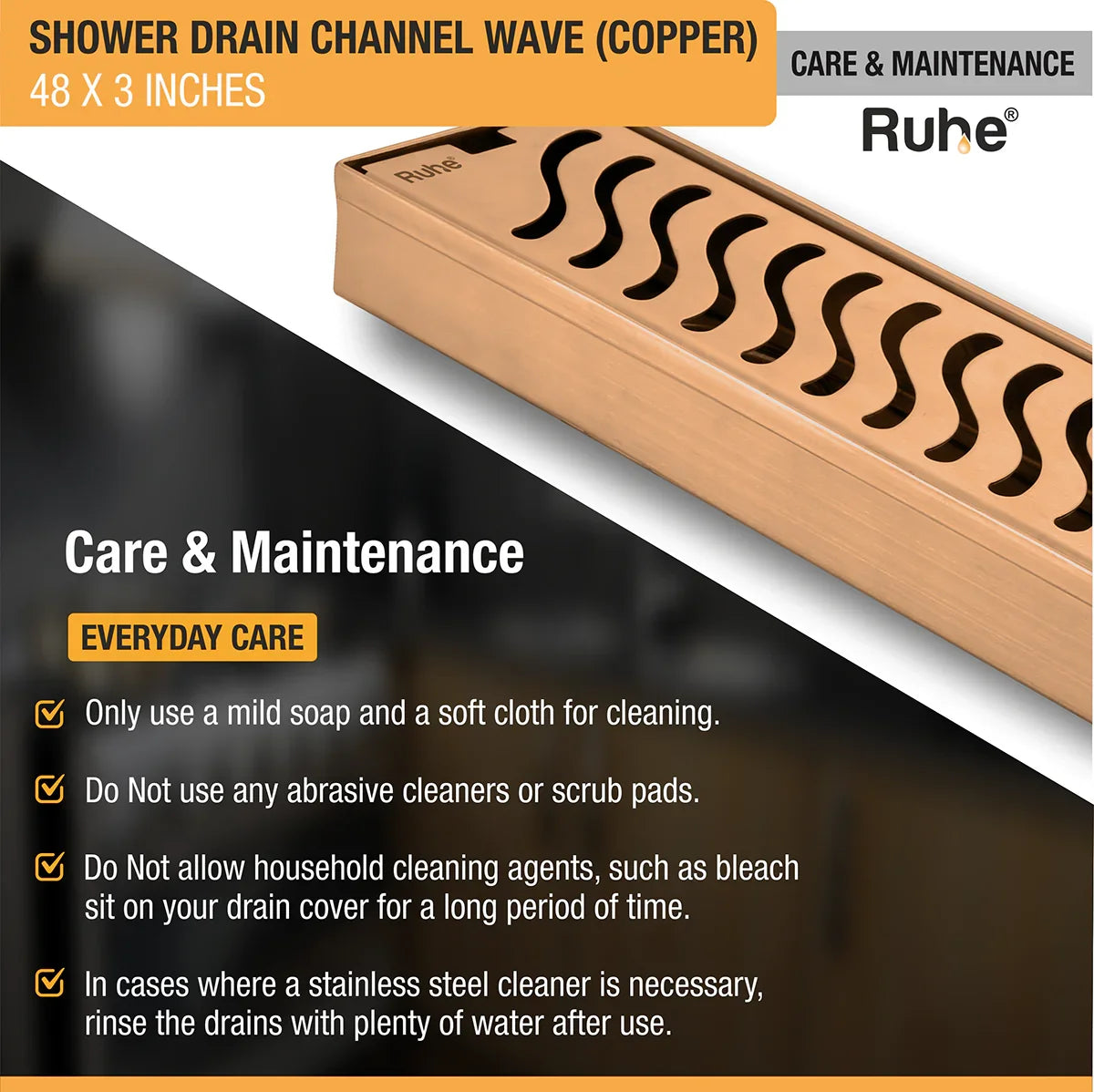 Wave Shower Drain Channel (48 x 3 Inches) Antique Copper PVD Coated - by Ruhe