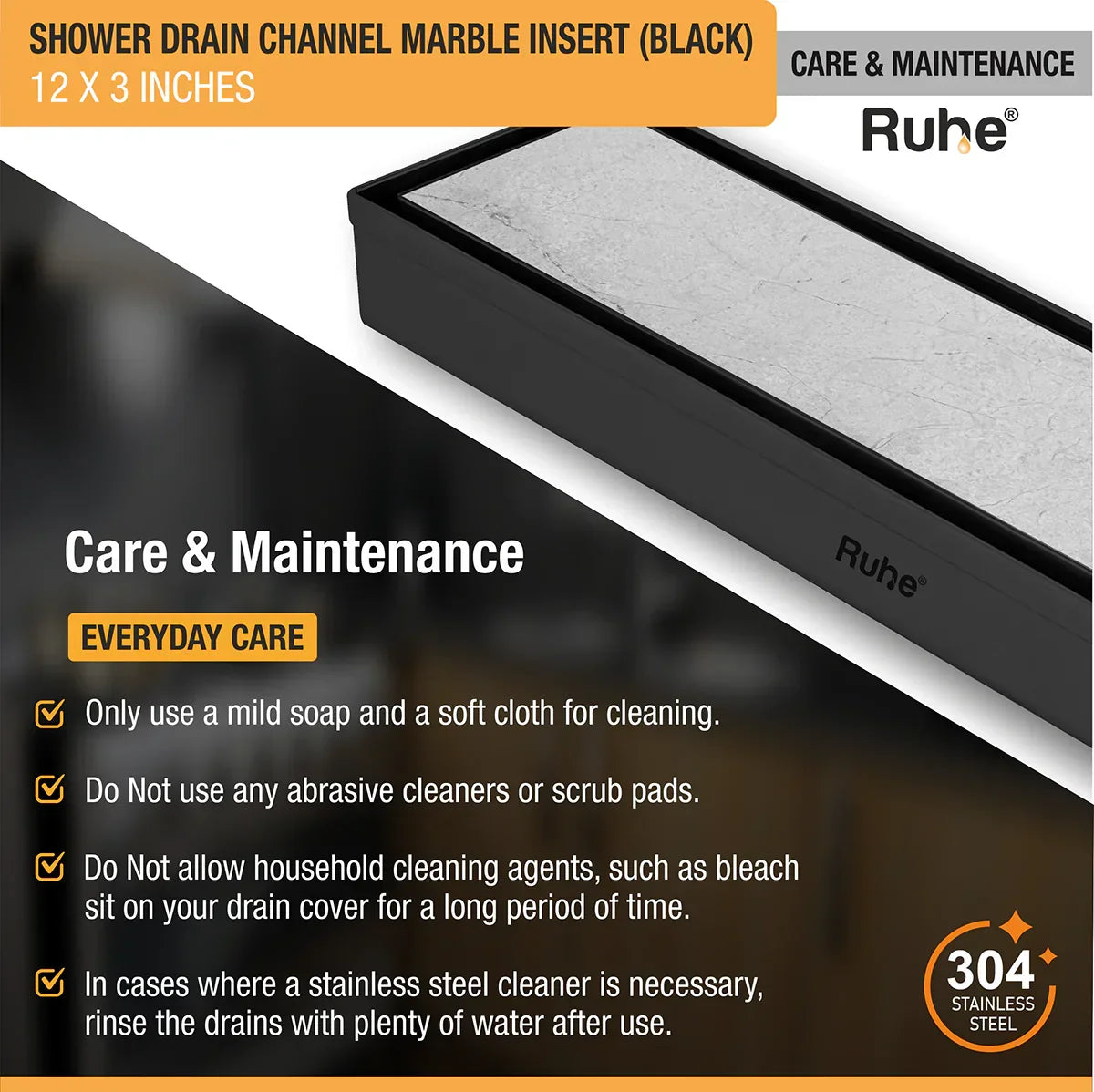Marble-Insert Shower Drain Channel (3 Inches)