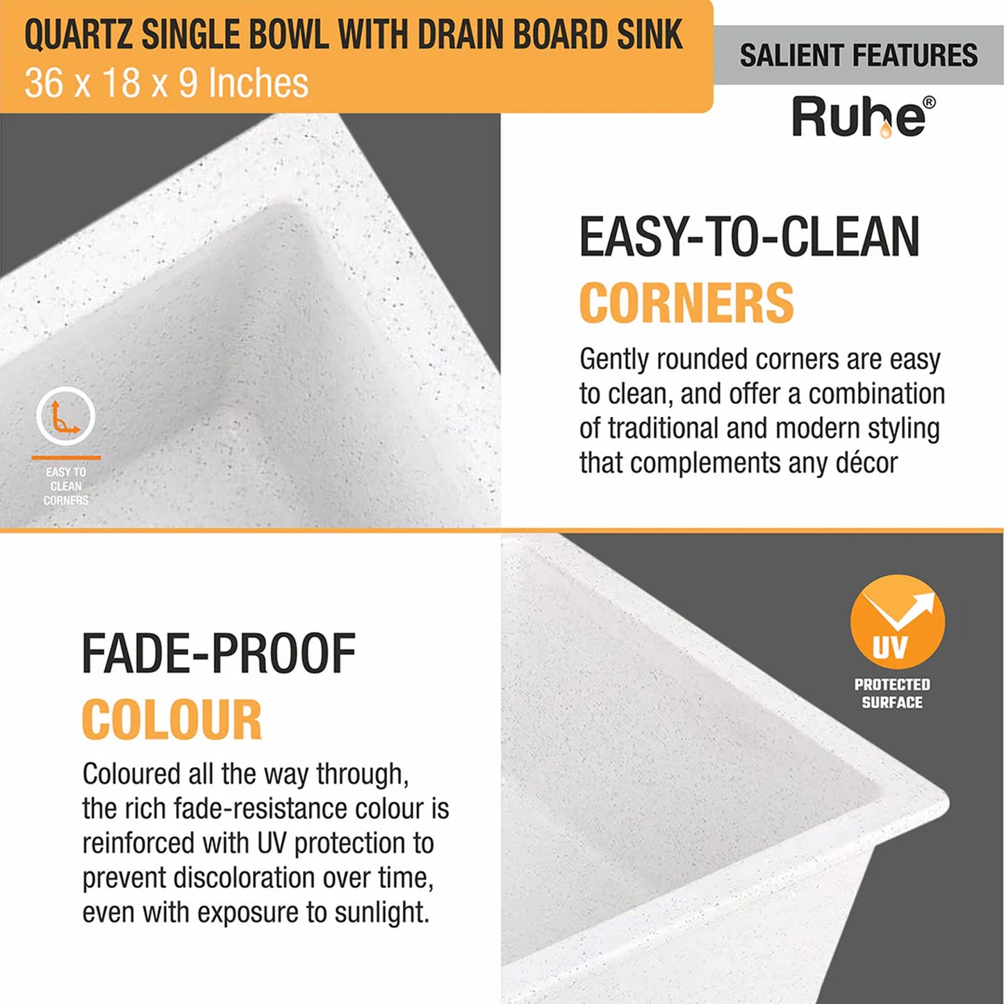 Quartz Single Bowl with Drainboard Kitchen Sink (36 x 18 x 9 Inches)