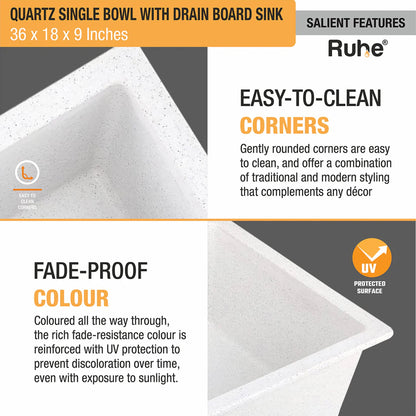 Quartz Single Bowl with Drainboard Kitchen Sink (36 x 18 x 9 Inches)