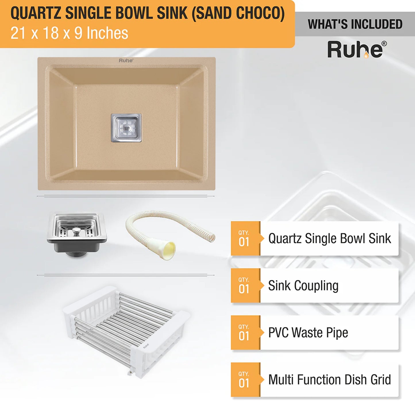 Quartz Single Bowl Kitchen Sink (21 x 18 x 9 Inches)