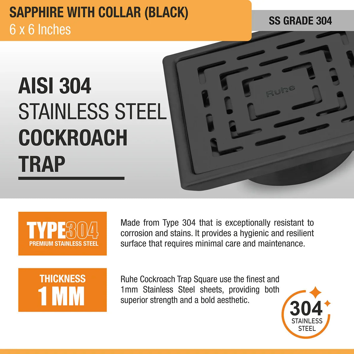 Sapphire Square 304-Grade Floor Drain in Black PVD Coating (6 x 6 Inches) stainless steel