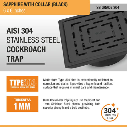 Sapphire Square 304-Grade Floor Drain in Black PVD Coating (6 x 6 Inches) stainless steel