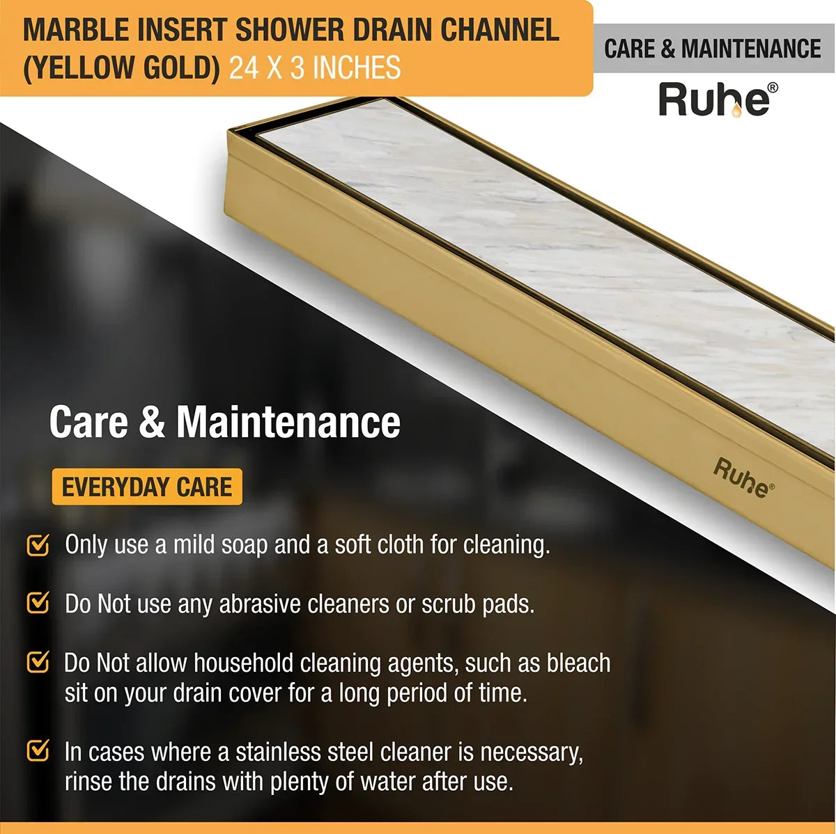Marble-Insert Shower Drain Channel Yellow Gold (3 Inches)